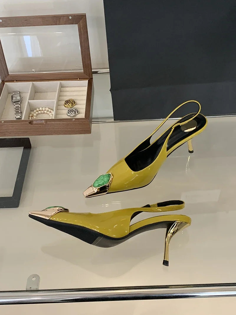 Fashion Design Inlay Gems Pointed Toe Patent Leather Sexy Slingback Sandals Women Pumps High Heels Wedding Banquet Shoes