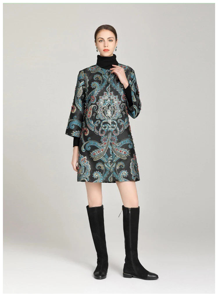 Elegant Embroidered Jacquard Trench Coat for Women 2025 | Round Neck Mid-Length Jacket | European Style Spring Fall Outerwear