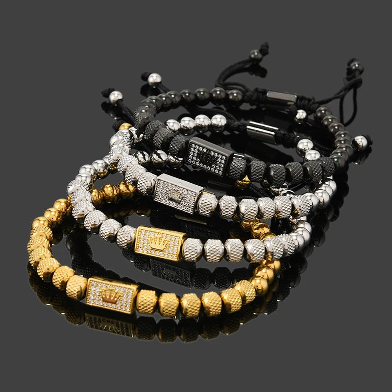 Luxury Stainless Steel Beads Crown Charms Man Bracelets Handmade Jewelry Gift