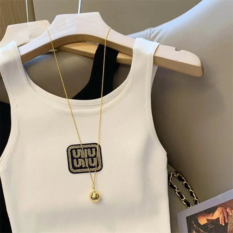 Women Summer Simplicity Slim Appear Thin Letter Embroidered Solid Color Camisole Ladies Fashion Office Lady All-match Trend Tops