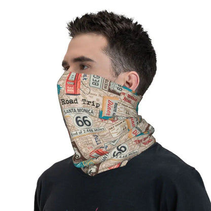 Custom Travel Motorcycle Ride Route 66 Bandana Winter Neck Warmer Windproof Wrap Face Scarf for Hiking Highways Gaiter Headband