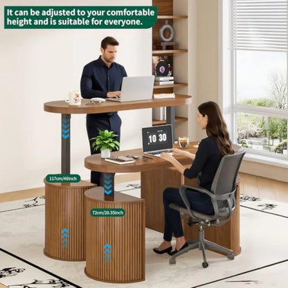 Mid Century Modern Electric Standing Desk with Storage 55 x 22 Inch Small Sit Stand Up Desk Wood Adjustable Height Computer Exe