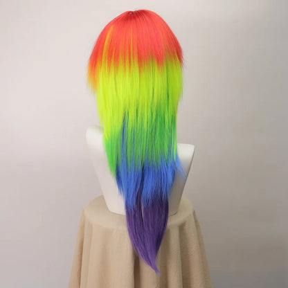 Rainbow Ombre Long Straight Layered Synthetic Wig With Bangs Unisex Pride Halloween Party Cosplay Costume Hairpiece