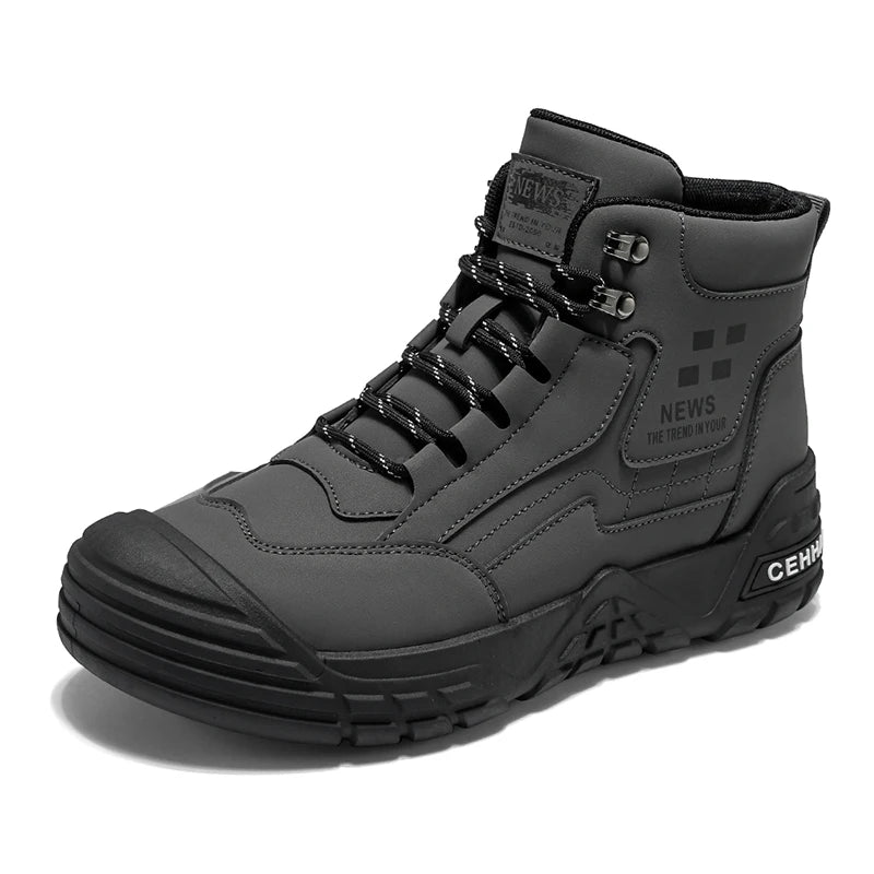 Original Black Leather Ankle Boots For Men Outdoor Non-slip Work Boots Men's Motorcycle Boots Platform High Top Bikers Shoes Man