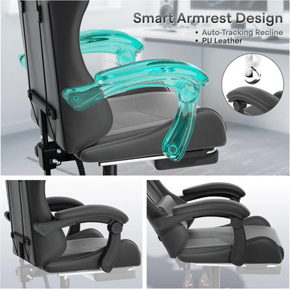 Gaming Chair, Ergonomic Gaming Chair with Footrest & Headrest Lumbar Support, Height Adjustable Swivel Compute