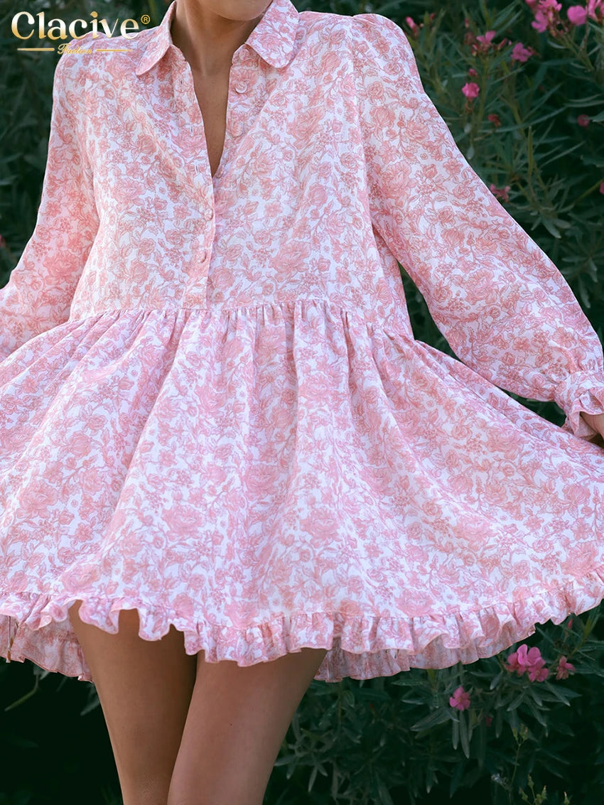 Clacive Fashion Loose Print Women's Dress 2024 Casual Lapel Long Sleeve Mini Dresses Elegant Classic Pleated Female Dress