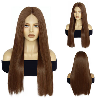  13x6 Lace Front Wig Brown Long Straight Wig Middle Part Heat Resistant Synthetic Hair Women Daily Fashion Wig