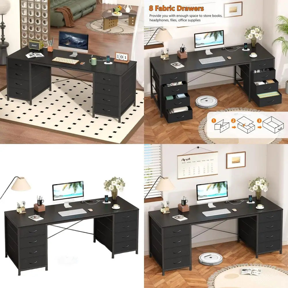 60 Inch Desk with 8 Drawers: Home Office, Study, Gaming Desk with Power Outlets, Black