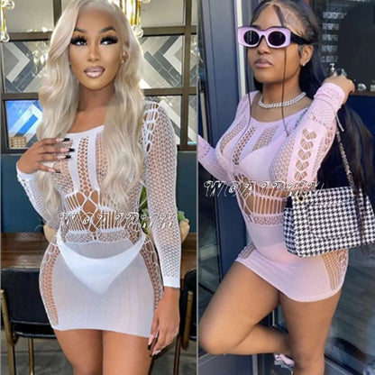 Sexy Fishnet Mini Dress Short Skirt Club Ladies 2024 Summer Bodycon Dress Evening Party Tight Mini Women Dress Lingeries