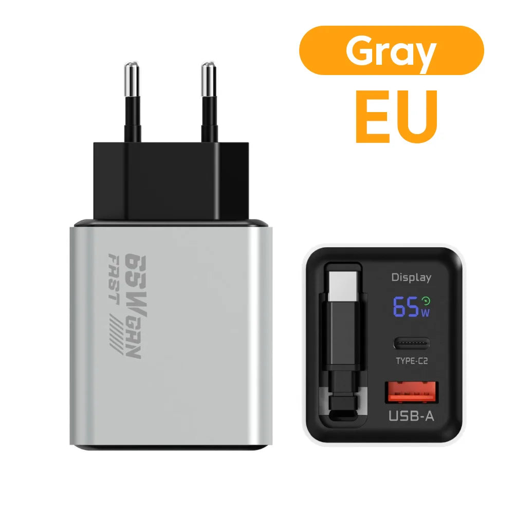 65W USB C GaN Charger Wall Charger Power Adapter Digital Display With Retractable Type C Cable For iPhone 17 16 Samsung Xiaomi
