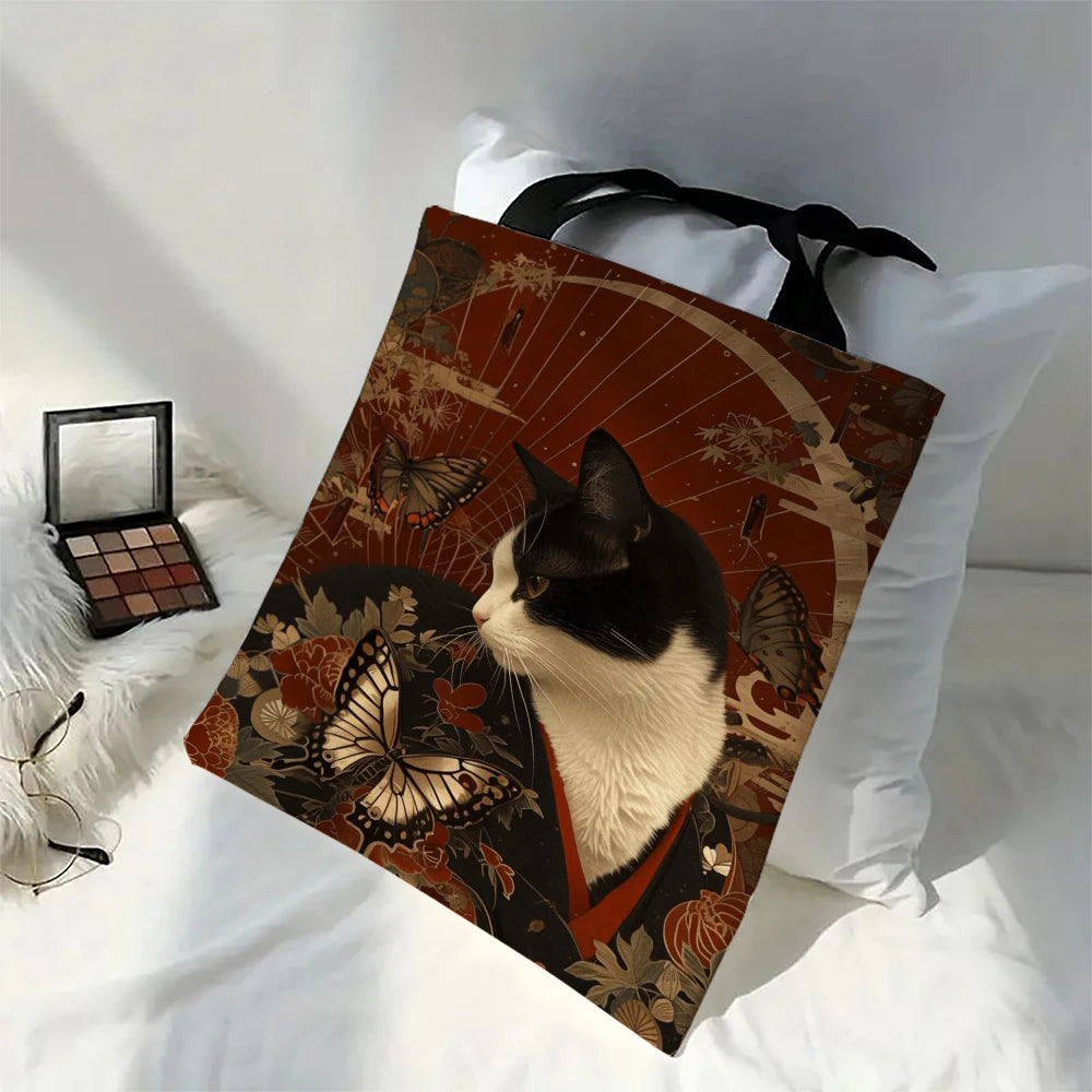 Classic Black And White Cat Tote Bag With Cat Print, Reusable Shoulder Shopping Beach Bag For Women, Durable Casual Carryall