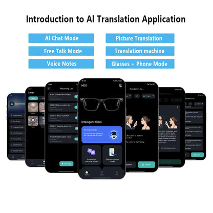 Smart AI translation glasses, real-time app translation in 164 languages, photochromic lenses, flat gray-black lenses.