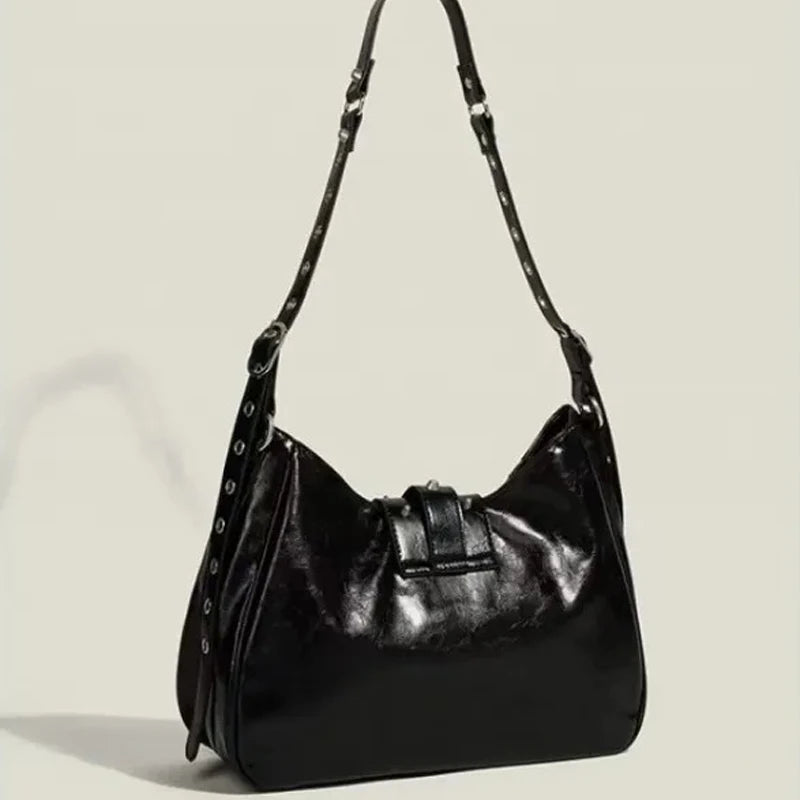 SHELKSBAG Motorcycle Cool Girl Vintage Leather Shoulder Message Bag Large Capacity Crossbody New Women's Bags Grunge Y2K