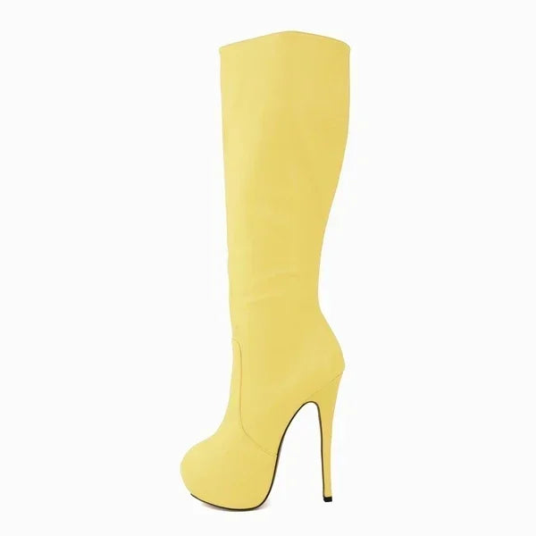 New Large Size Women Boots Autumn Winter Sexy 14cm Super High Heels Long Over Knee Long Boots Leather Round Toe Red Pumps Shoes