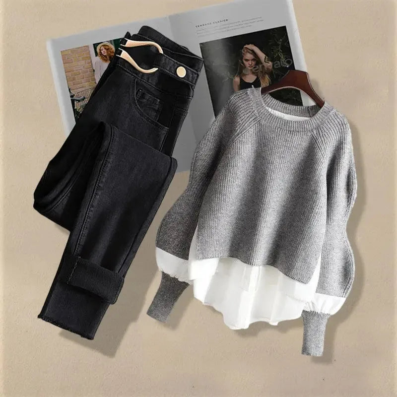 2026 Spring Autumn New Vintage Jeans Matching Set Women's Korean Elegant Fake Two Piece Knit Sweater+High Waist Denim Pants Suit
