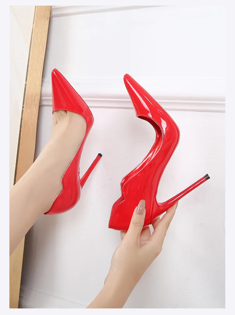 Black Curl Upper Women Patent PU Pointed Toe Stiletto 12cm High Heels Sexy Ladies Party Dress Shoes Club Dance Women Pumps