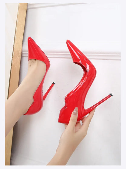 Black Curl Upper Women Patent PU Pointed Toe Stiletto 12cm High Heels Sexy Ladies Party Dress Shoes Club Dance Women Pumps