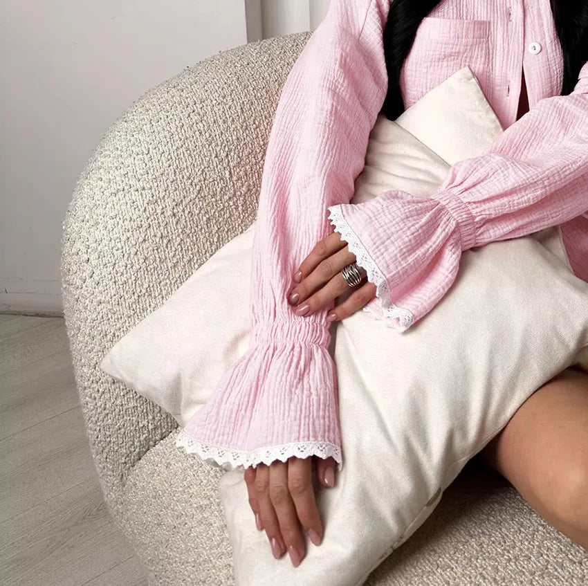 Casual Crape Cotton Pink Two Pieces Sets Women Lace Lantern Sleeve Shirts And Baggy Shorts Sleepwear Spring Summer