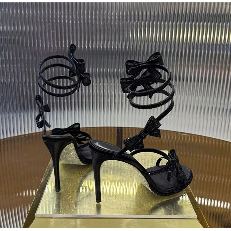 Luxury Rhinestones Mesh Bowknot Snake Coiled Women Gladiator Sandals Sexy Narrow band Thin High heels Summer Wedding Party Shoes