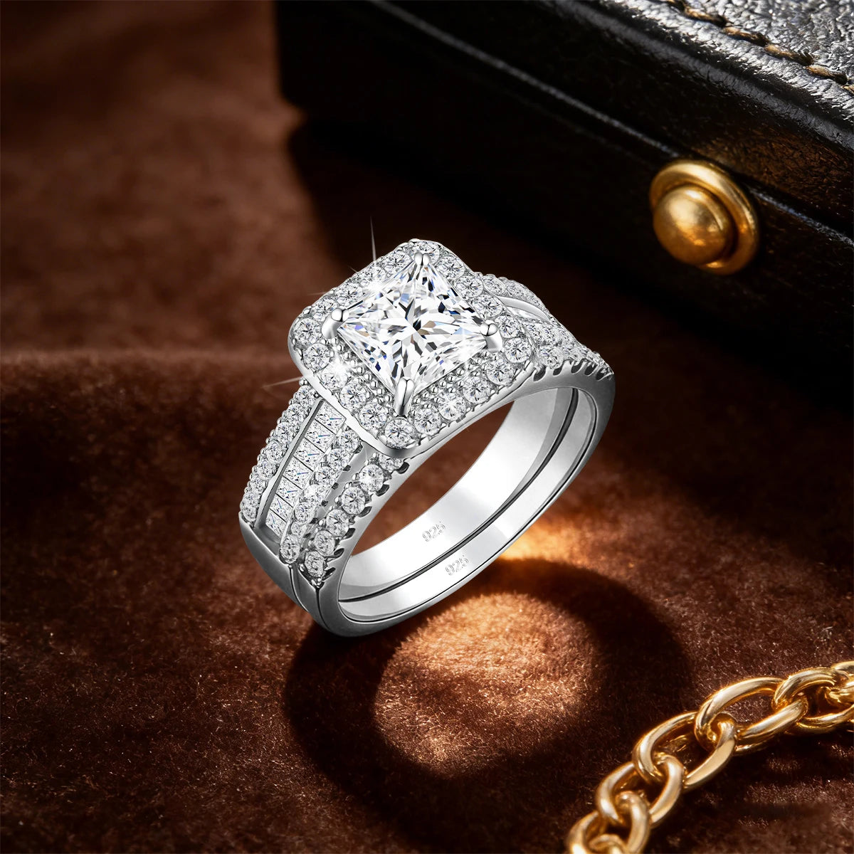 2Pcs 925 Silver Wedding Rings Set for Women Princess Cut White Moissanite Halo Engagement Bridal Ring Vintage Luxury Jewelry