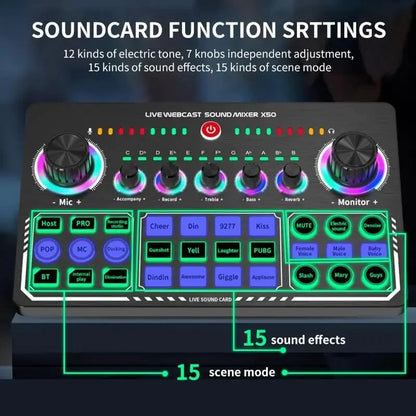 X50 Podcast Recording Equipment with Podcast Mixer Sound Card for Live Streaming Voice Changer DJ Audio Mixer Interface