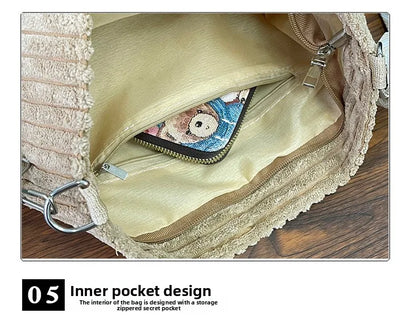 Solid Color Corduroy Messenger Bag Versatile Handbag Women Shoulder Crossbody Bags Casual Chic Bucket Women‘s Bag Bolsos Mujer