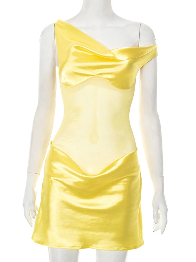 Oniflyme Mesh Patchwork Satin Mini Dress Women Inclined Shoulder Backless Ruched Slim Party Outfits Sleeveless Bodycon Dresses