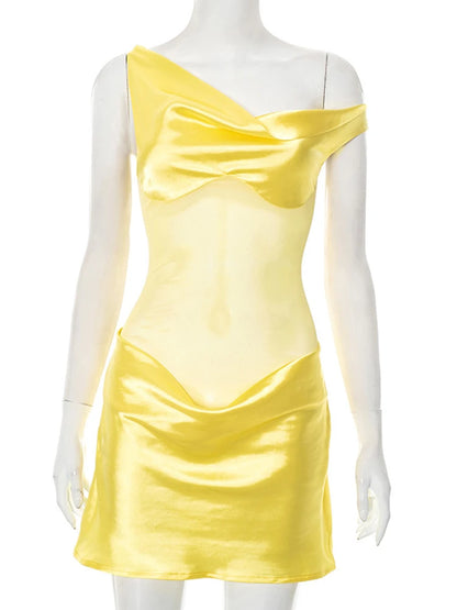 Oniflyme Mesh Patchwork Satin Mini Dress Women Inclined Shoulder Backless Ruched Slim Party Outfits Sleeveless Bodycon Dresses