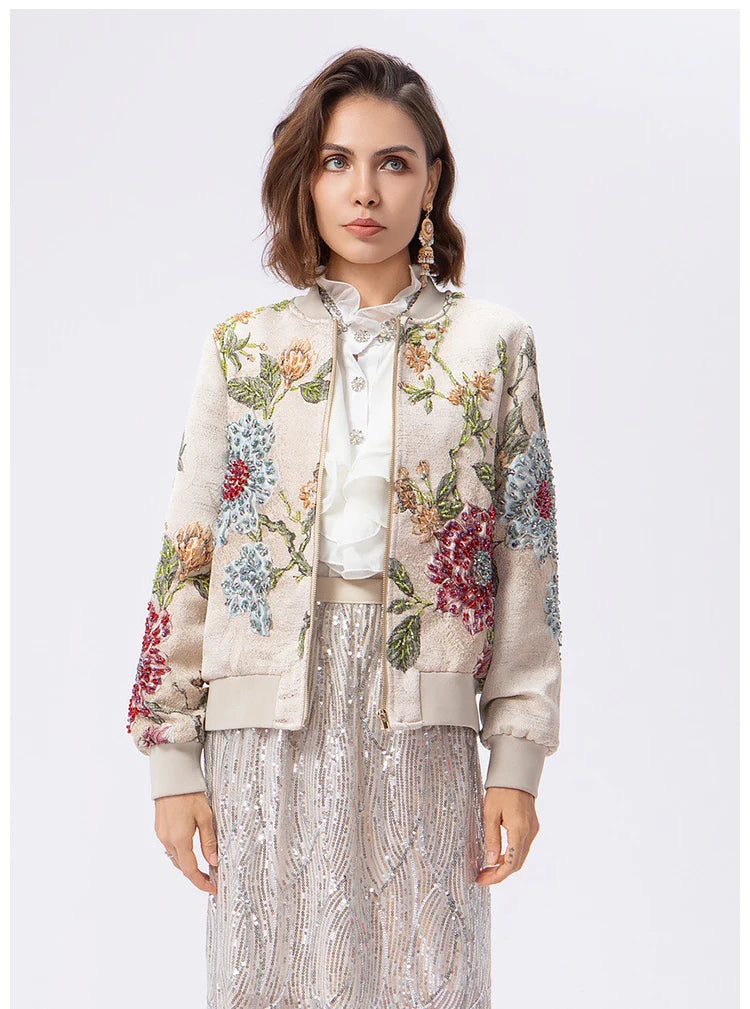 Luxury Beaded Embroidered Jacquard Bomber Jacket Women 2025 New Fashion Casual Chic Baseball Coat Elegant Versatile Outerwear