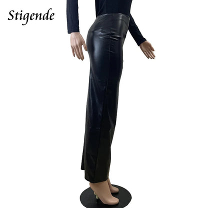 Stigende Women Sexy Pu Leather Full Zipper Long Skirt High Split Black Faux Leather Slim Fit Maxi Skirt