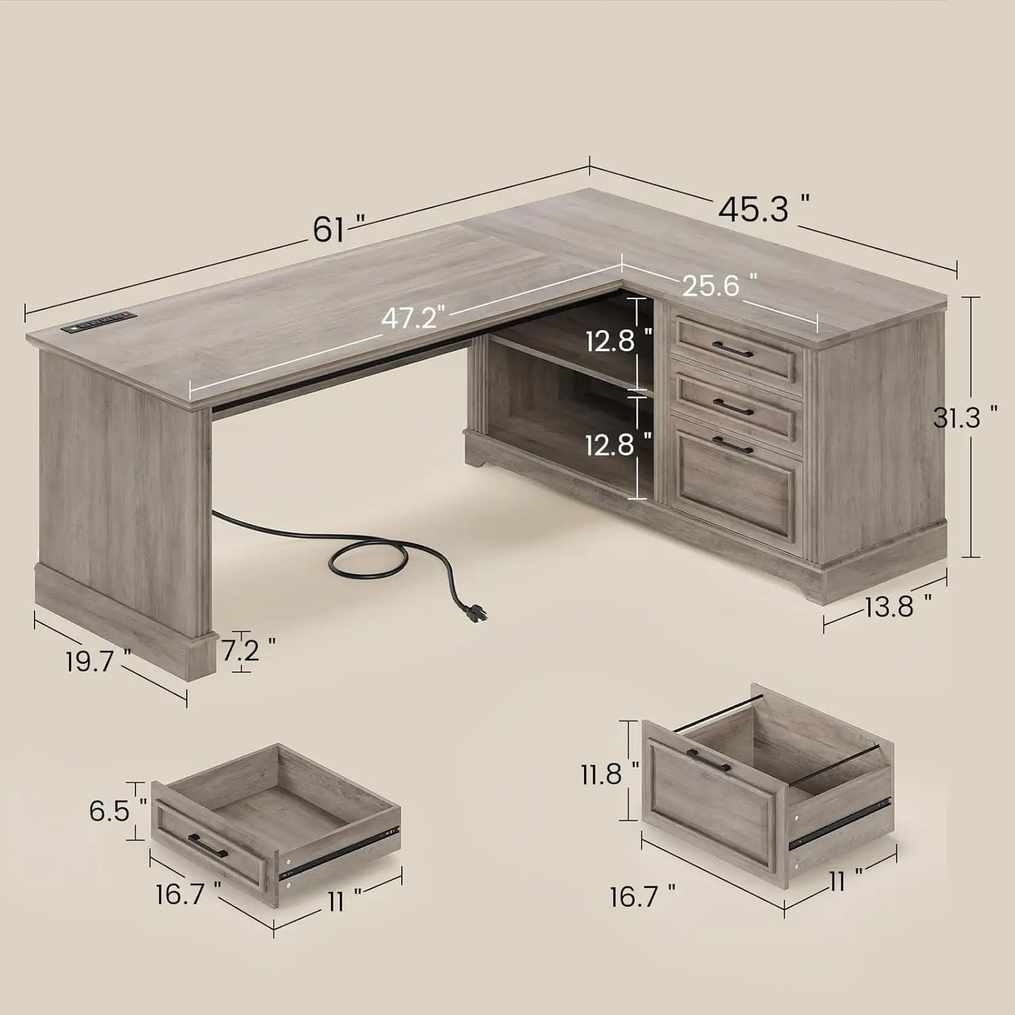 Executive Desk, 61' Farmhouse L Shaped Desk with File Drawers, Office Desk with Drawers and Power Outlets, Computer Desk with