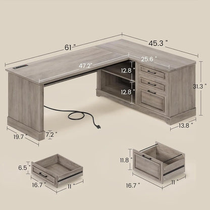 Executive Desk, 61' Farmhouse L Shaped Desk with File Drawers, Office Desk with Drawers and Power Outlets, Computer Desk with