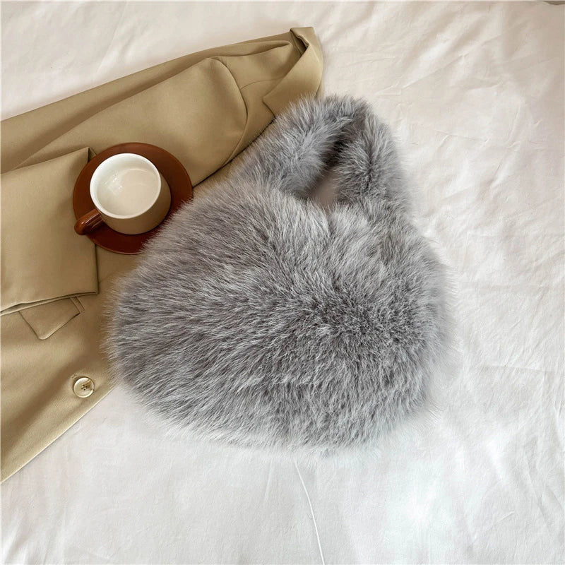 Winter Shoulder Bags Casual Furry for Women Solid Color Soft Plush Ladies Clutch Purse Handbags Lightweight Female Hobos Bag