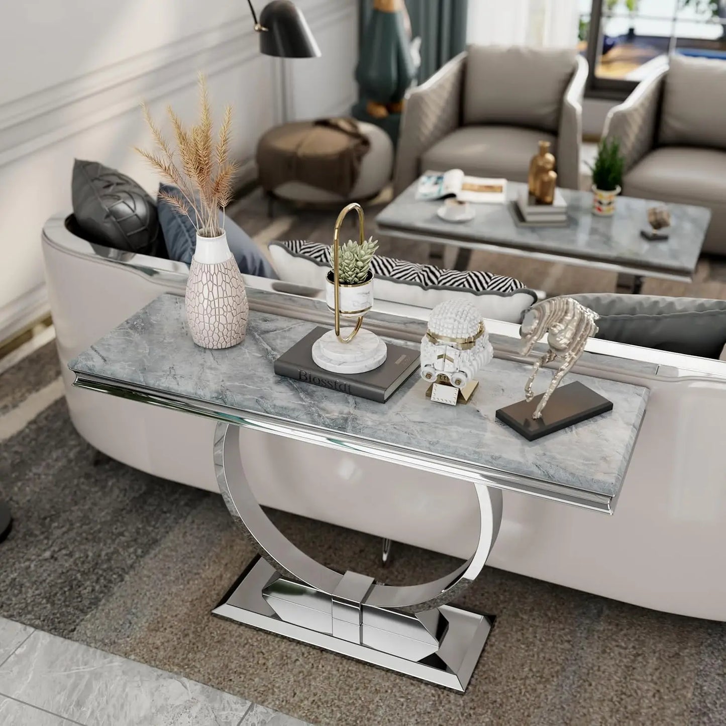 Modern Console Table for Entryway, Mirrored Sofa Table with U-Base, Silver Narrow Console Table, Rectangular, Customized