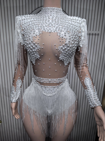 Rhinestones Women DanceCostume Fringes One Shoulder Bodysuit  Sexy Skinny Leotard Singer Dancer Show StageWear Sparkly Blue