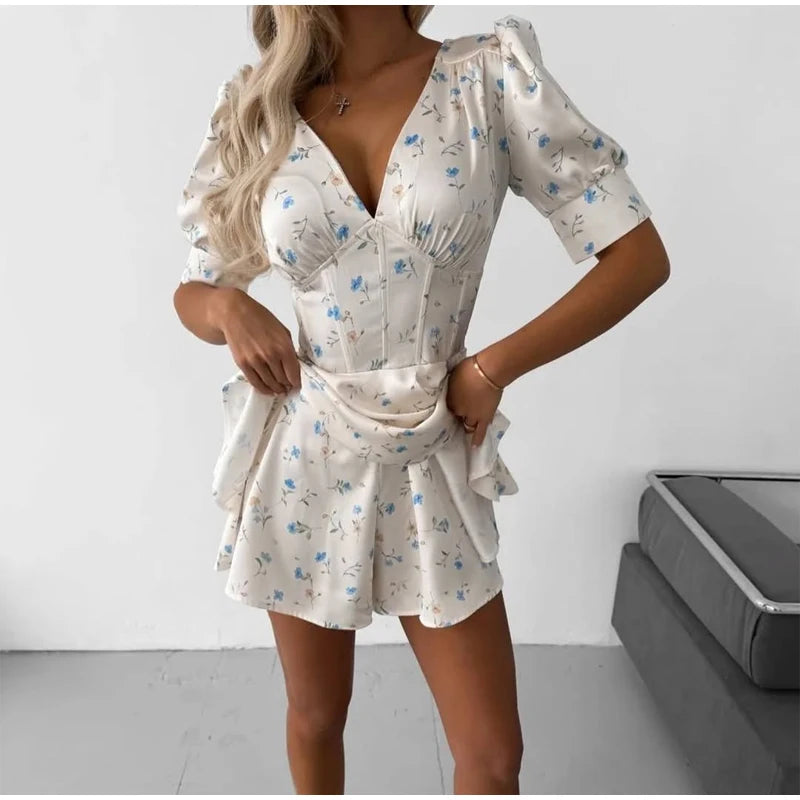 Vintage Floral Halter Deep V Neck Women's Dress Sexy Side Waist Cutout Flowy Long Sundress Summer New Chic Vacation Party Outfit