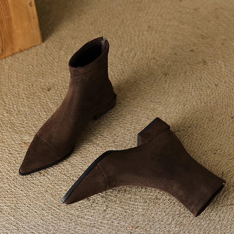 Autumn Vintage Suede Women Ankle Boots Ladies Concise Pointed Toe Thick Heel Short Botas Zapatos De Mujer