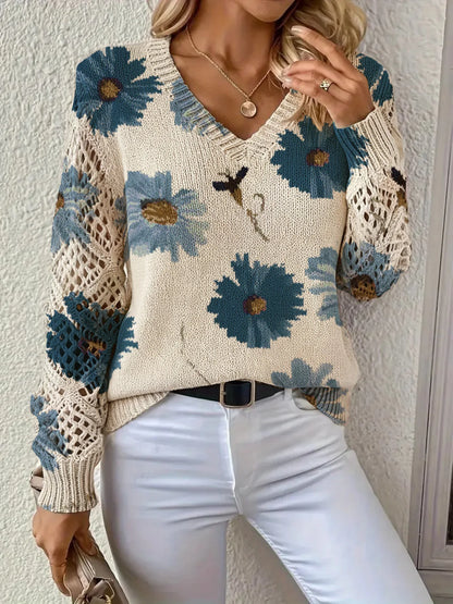 V-neck Fashionable Floral Print Cutout Sleeves Bohemian Pullover Sweater Ropa De Invierno Para Mujer Abbigliamento Donna Autunno