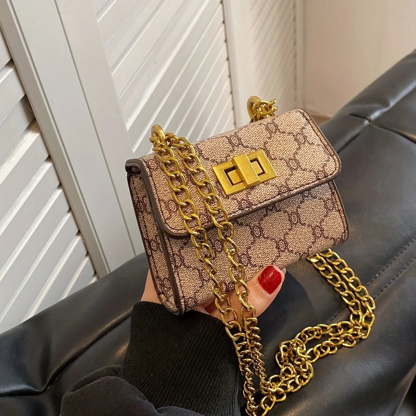 Stylish Mini Crossbody Bag with Geometric Pattern Faux Leather Buckle Closure Painted Edge Detail Faux Leather Lining Purse