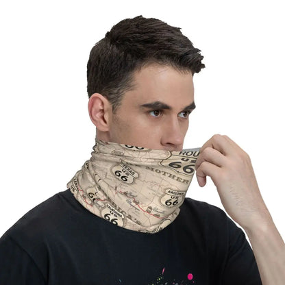 Custom Travel Motorcycle Ride Route 66 Bandana Winter Neck Warmer Windproof Wrap Face Scarf for Hiking Highways Gaiter Headband