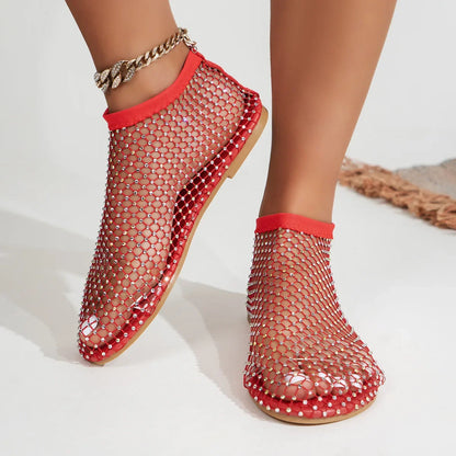 2025 Summer Women's New Round Toe Flat Bottom Sandals Hollow Short Boots Water Diamond Sexy Flat Bottom Fashion Banquet Slippers
