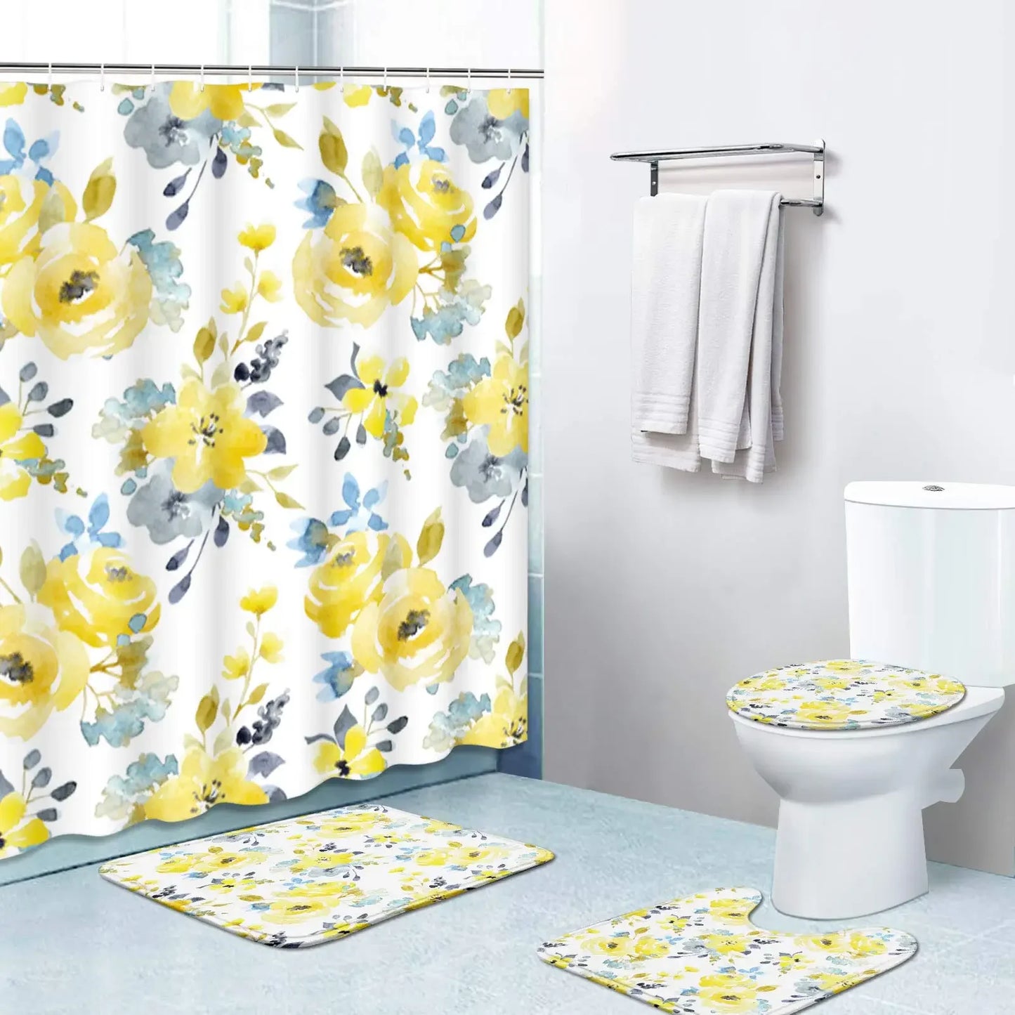 Banana Leaf Shower Curtain Set Non-Slip Rug Bathroom Accessories Tropical Palm Plant    Botanical Floral Green