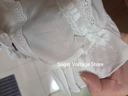 Summer Japanese Lolita Sweet Girls Short-sleeved Tops Women Goth Lace Bow Shirt Single-breasted Blouse Doll Collar Slim Tees New