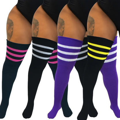 Women's Striped Plus Size Thick Thigh-High Socks Collection Big Girls Acrylic Yarn Stretch Colorful Streaks Leg Warmer Socks