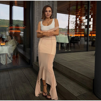 Sheer Mesh Overlay Lace Hem Slip Midi Dress Slim Spaghetti Strap 2026 Summer Elegant Women Bodycon Dress Trendy Date Lady Gown