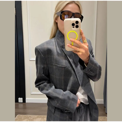 Irregular Plaid Blazer Jacket Women Fashion Stand Collar Full Sleeve Split Loose Short Coat 2026 Lady Daily Commute Outerwear