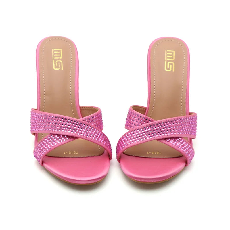 Rhinestone Slippers For Woman 2025 New Elegant Party Shoes Summer Thin High Heeled Slides Fashion Women Sandals Zapatos Mujer