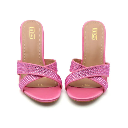 Rhinestone Slippers For Woman 2025 New Elegant Party Shoes Summer Thin High Heeled Slides Fashion Women Sandals Zapatos Mujer