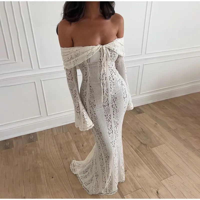 White Sexy Lace Flare Sleeve Dress Off Shoulder Slim Maxi Dresses Women 2024 Female Hollow Out Mermaid Floor Length Elegant Robe