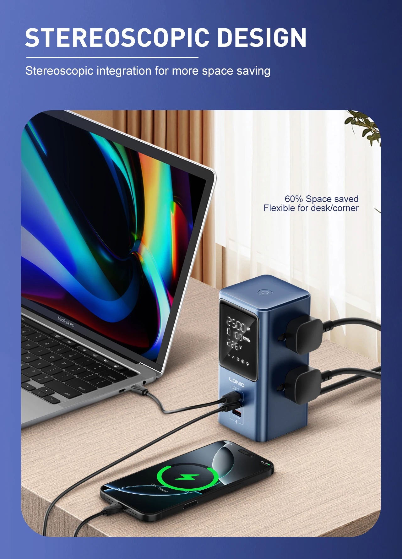 LDNIO Vertical Universal Socket Tower Power Strip Multi Outlets with 45W PD USB C Fast Charging Stations Extension Cable LED